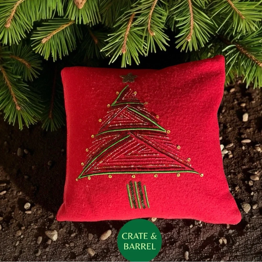 Crate & Barrel Twinkle Red Holiday Pillow With a Beaded Tree Design